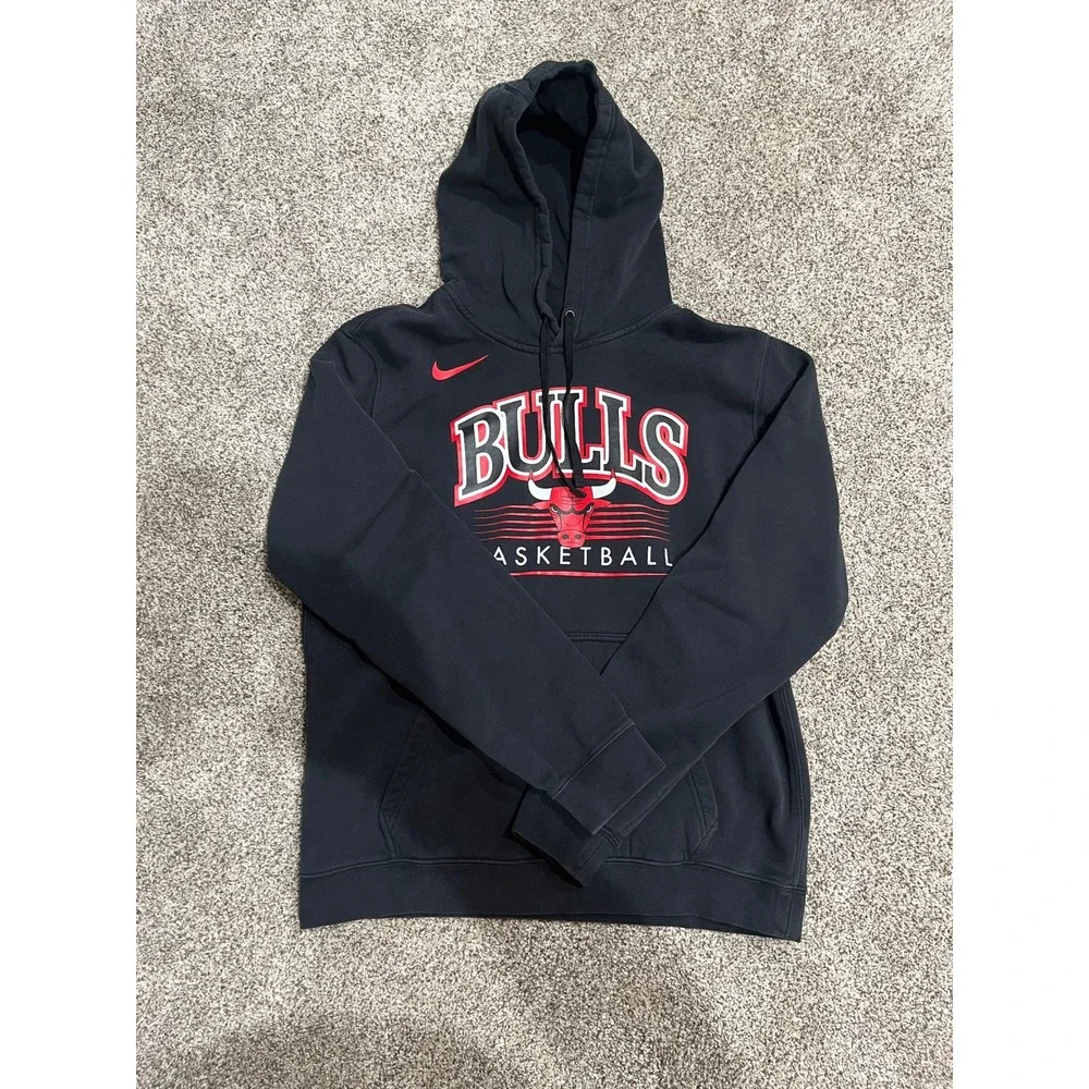 Nike Chicago Bulls NBA Basketball Hoodie Mens Medium Black Fleece Pullover Swish